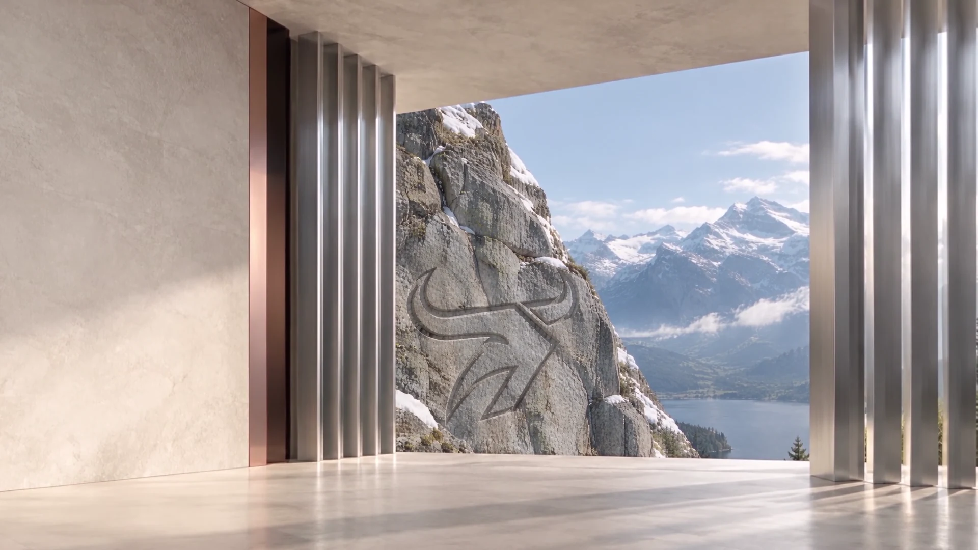 An architectural doorway overlooking an Alpine lake, with the Oxen symbol engraved into the rock.